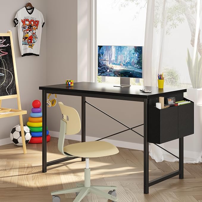 OLIXIS Computer Desk, 44 Inch Home Office Desks for Small Spaces, Writing Craft Study Gaming Table for Bedroom, Modern Computer Workstation with Storage Bag and Headphone Hook, Black