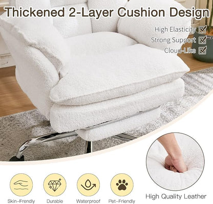 Cloud Cross Legged Office Chair with Footrest,Teddy Fleece Big and Tall Executive Ergonomic Chair, Flip Armrests for Pets,155° Reclining Computer Wide Desk Chair for Home,Office (White)