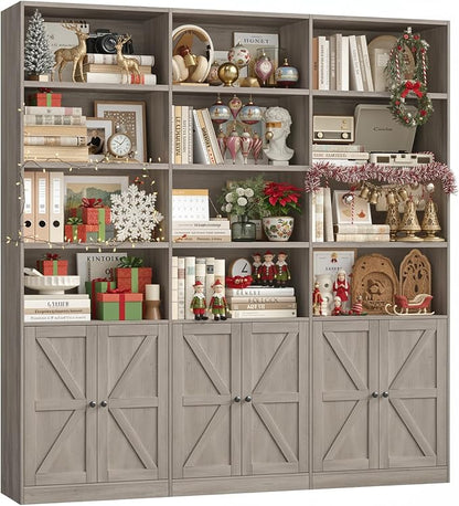 FACBOTALL 75" Triple Wide Bookshelf, Bookshelf and Bookcase with 6 Farmhouse Doors, 71" Wide 6 Tier Book Shelf with 18 Storage Shelves, Large Wooden Bookshelves, Tall Bookcase for Home Office, Gray