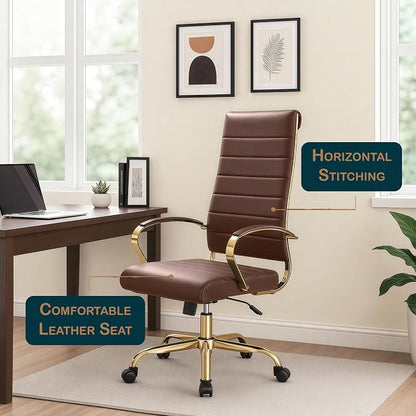 LeisureMod Modern High-Back Leather Office Chair - Swivel & Adjustable Executive Desk Chair with Gold Frame, Ergonomic Design for Home & Office (Brown, Set of 8)