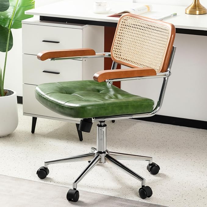 Rattan Office Chairs, Modern Rattan Desk Chair with Natural Back & Wood Armrest, Small Upholstered Tufted Leather Home Office Desk Chairs for Home Office, Bedroom, Study, Green