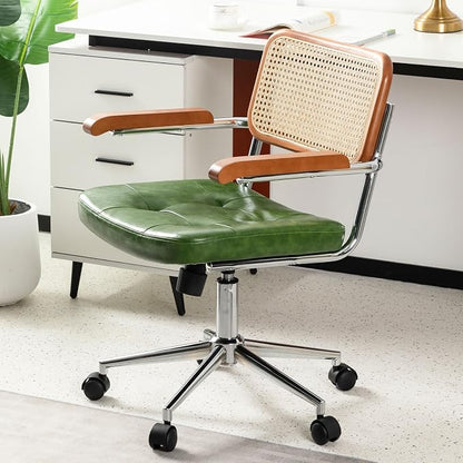 Rattan Office Chairs, Modern Rattan Desk Chair with Natural Back & Wood Armrest, Small Upholstered Tufted Leather Home Office Desk Chairs for Home Office, Bedroom, Study, Green