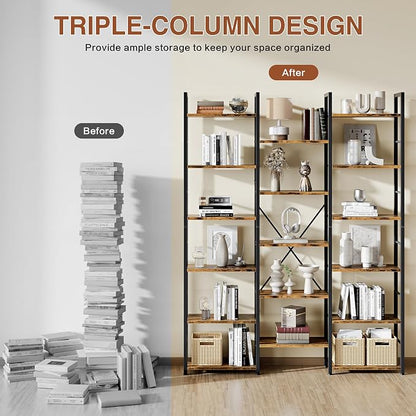 Shintenchi Triple Column 6 Tier Bookshelf, Industrial Large Bookcase Display Shelves, Large Etagere Bookshelf,Wide Book Shelf Book Case for Home & Office, Rustic Brown