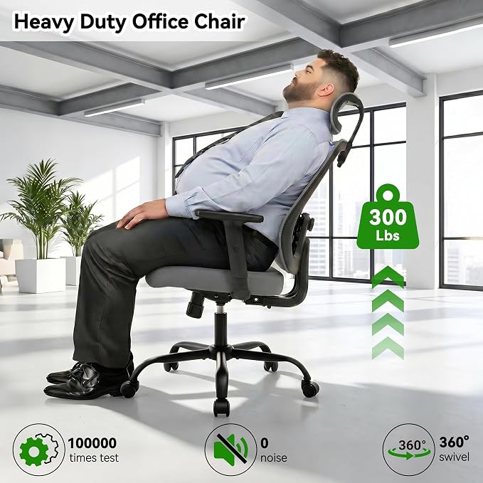 Ergonomic Office Chair, Office Desk Chair with High Back Mesh and Adjustable Lumbar Support, Rolling Work Chairs with Wheels and Adjustable Headrests, Wide Cushion, Grey