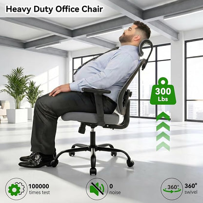 Ergonomic Office Chair, Office Desk Chair with High Back Mesh and Adjustable Lumbar Support, Rolling Work Chairs with Wheels and Adjustable Headrests, Wide Cushion, Grey
