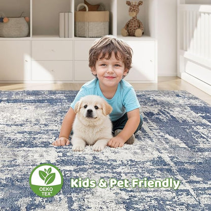 Area Rugs 9x12 Living Room: Washable Large Abstract Modern Soft Rugs Stain Resistant Indoor Floor Non Slip Accent Carpet for Bedroom Nursery Playroom Office Dining Room Dorm Home Decor- Navy Grey