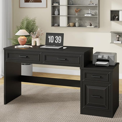 Vabches 61" Farmhouse Computer Desk with Storage and File Drawer, Executive Desks with Printer Stand, Rustic Large Home Writing Desk for Home Office.Black