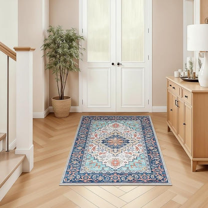 Lofus 3x5 Area Rugs for Living Room, Machine Washable Area Rug, Soft Small Rugs for Bedroom, Kitchen, Office and Indoor, Vintage Boho Carpet, Non-Slip Low Pile Carpets, Floral Blue