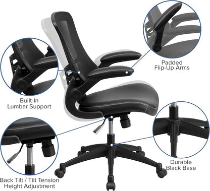 Flash Furniture Kelista Mid-Back Swivel Office Chair with Adjustable Seat Height, Ergonomic Mesh Desk Chair with LeatherSoft Seat, Black