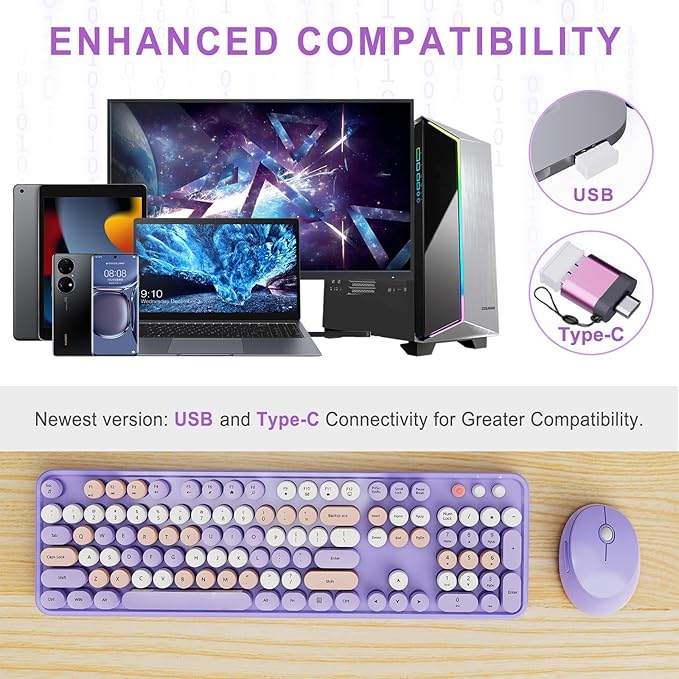 SkyGive Wireless Keyboard and Mouse Combo, Ergonomic Full Size Typewriter Retro Round Keycaps Keyboard, Compatible with Windows, PC, Perfer for Home and Office Keyboards (Purple