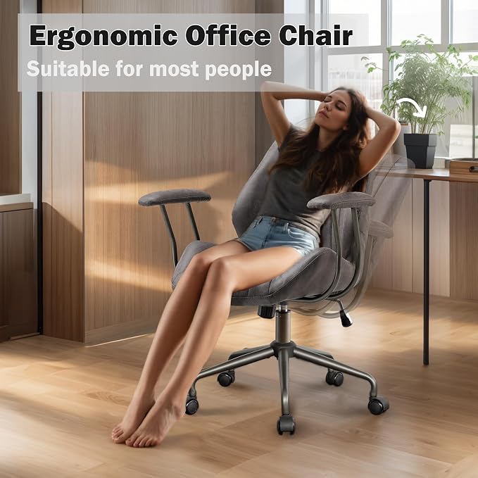 Home Office Chair,Ergonomic Computer Chair with Lumbar Support Adjustable Height,Mid-Century Modern Office Chair with Rolling Swivel Chair for Home Office Game Study(Suede Mid Back Chair,Gray)