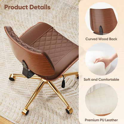 Home Office Desk Chair with Swivel Wheels, Modern PU Leather Armless Office Chair, Small Mid Back Computer Chair for Home Office, Reading Meeting Room (Coffee Brown, Gold Wheels)