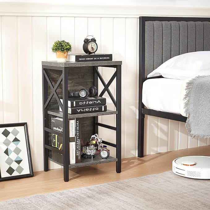 MNEETRUNG Small Bookcase,3 Tier Industrial Bookshelf with Metal Frame and Backboard,Low Grey Book Shelf,Book case for Small Spaces,Living Room,Bedroom and Home Office