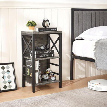 MNEETRUNG Small Bookcase,3 Tier Industrial Bookshelf with Metal Frame and Backboard,Low Grey Book Shelf,Book case for Small Spaces,Living Room,Bedroom and Home Office