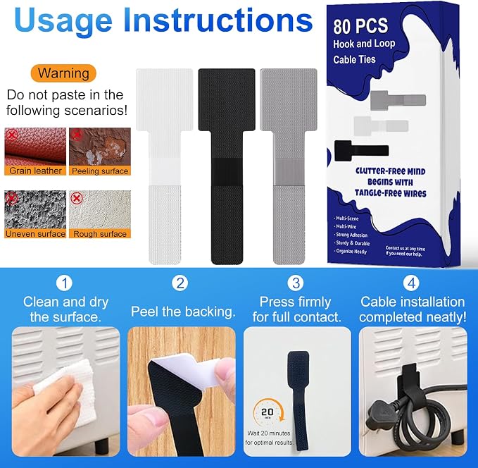 80 PCS Hook and Loop Cable Ties, Self Adhesive Cable Management Straps, Reusable Cord and Wire Organizer Clips for Under Desk, Computer, TV, Gaming Setup, Home Office and Kitchen, White and Gray