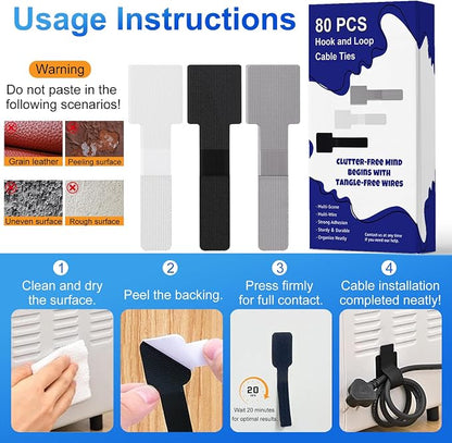80 PCS Hook and Loop Cable Ties, Self Adhesive Cable Management Straps, Reusable Cord and Wire Organizer Clips for Under Desk, Computer, TV, Gaming Setup, Home Office and Kitchen, Black and Gray