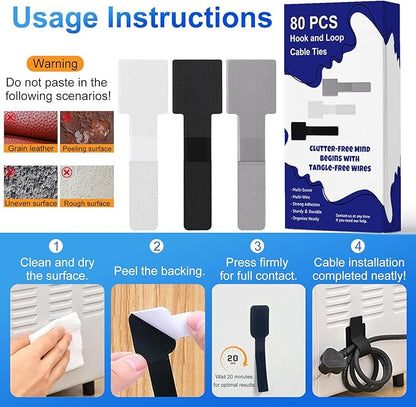 80 PCS Hook and Loop Cable Ties, Self Adhesive Cable Management Straps, Reusable Cord and Wire Organizer Clips for Under Desk, Computer, TV, Gaming Setup, Home Office and Kitchen, Black