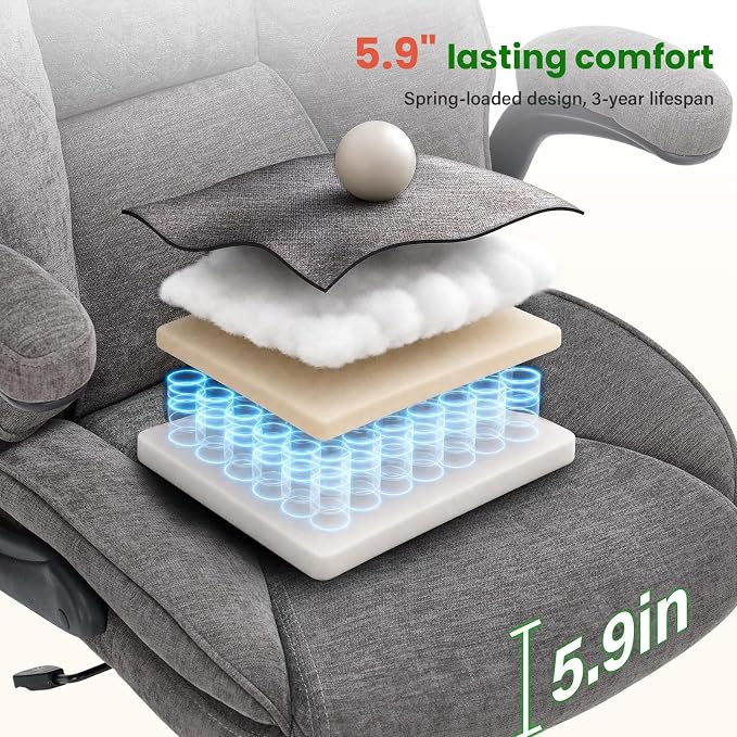 CIOMAN 500lbs Big and Tall Office Chair with Inflatable Lumbar Support for Back Pain, Executive Office Chair with Flip Up Arms and Rocking Function, Wide Cushion Computer Chair for All-Day Sitting