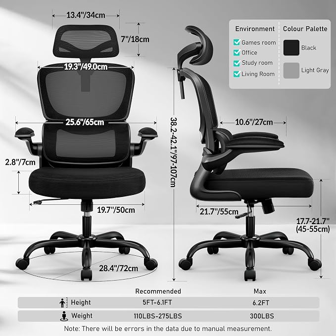 BESTFAIR High Back Ergonomic Office Chair, Breathable Mesh Desk Chair with Lumbar Support, Adjustable Headrest, Flip-up Armrests, Computer Gaming Chair