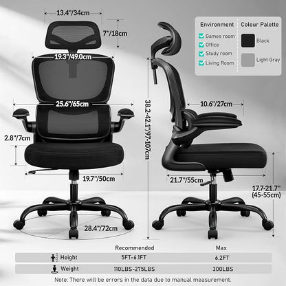 BESTFAIR High Back Ergonomic Office Chair, Breathable Mesh Desk Chair with Lumbar Support, Adjustable Headrest, Flip-up Armrests, Computer Gaming Chair