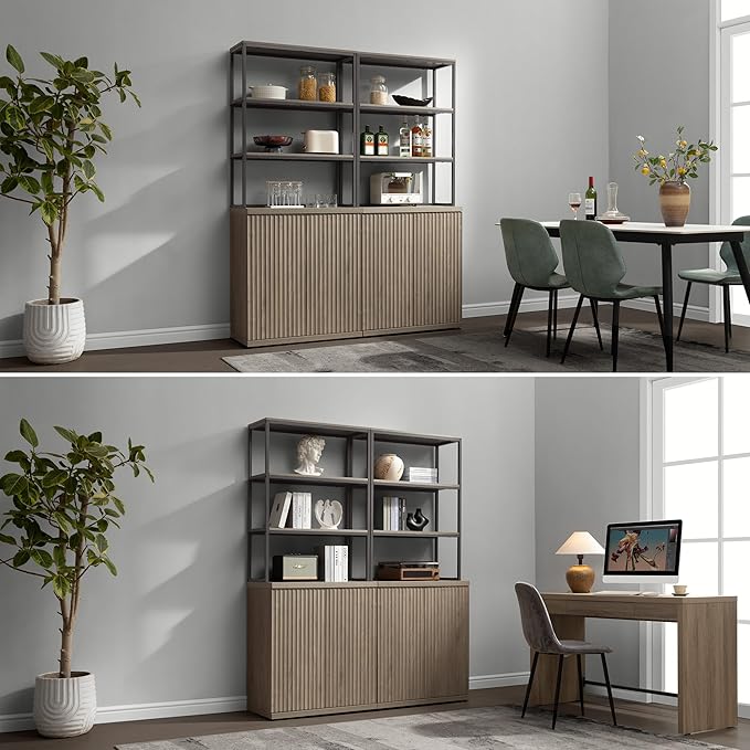 SICOTAS Book Shelf Fluted Bookshelf Cabinet - 75" Tall Bookcase 6 Tier Large Bookshelves with Doors Storage Modern Wide Book Shelves Case for Living Room Home Office Library, Metal Frame, Grey