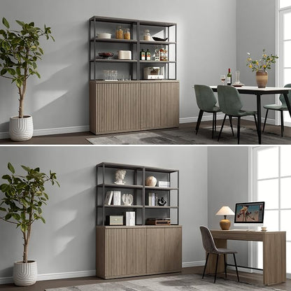 SICOTAS Book Shelf Fluted Bookshelf Cabinet - 75" Tall Bookcase 6 Tier Large Bookshelves with Doors Storage Modern Triple Wide Book Shelves Case for Living Room Home Office, Metal Frame, Grey