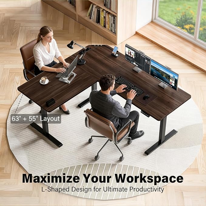 63 x 55 inch L-Shaped Standing Desk, Corner Computer Desk, Electric Standing Desk Adjustable Height, Sit to Stand Ergonomic Workstation for Home Office, Dark Walnut