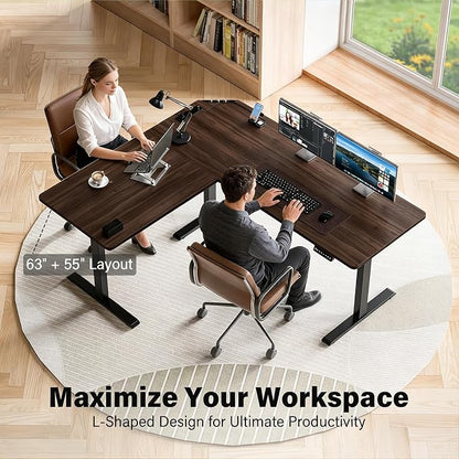 63 x 55 inch L-Shaped Standing Desk, Corner Computer Desk, Electric Standing Desk Adjustable Height, Sit to Stand Ergonomic Workstation for Home Office, Dark Walnut