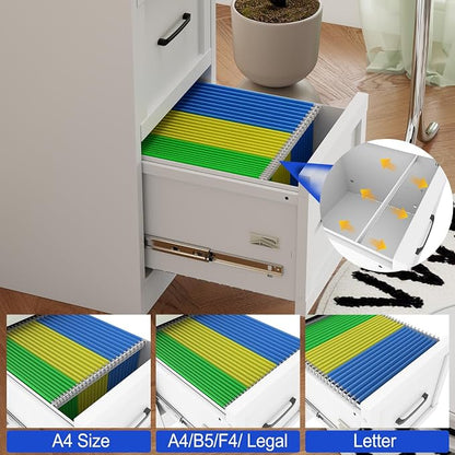 Small Metal 3-Drawer File Cabinet, Under-Desk Filing Cabinet, White | Locking, Adjustable Hanging Rail, Fit A4, FC, Letter, Hanging File Folders for Home Office Storage Organization, 2PS
