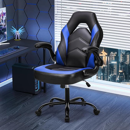 Sweetcrispy Computer Video Game Desk Chair: Ergonomic Comfy Lumbar Support, PU Leather with Flip-up Armrest, Height Adjustable and 360° Swivel, for Adults, Black Blue