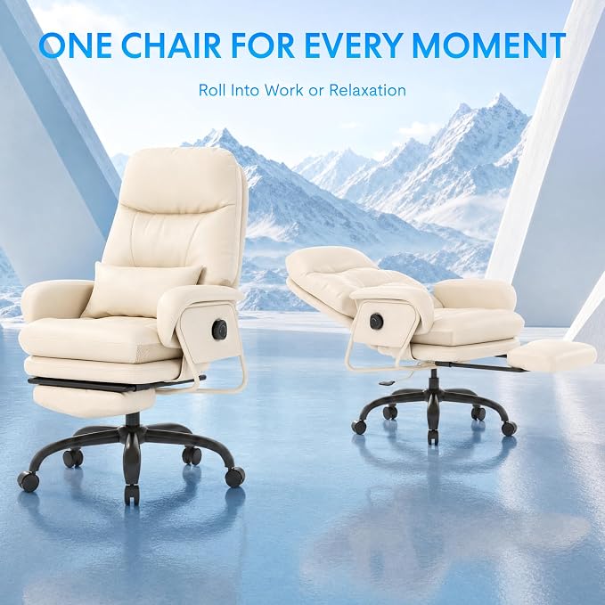 FLEXISPOT Cooling Ergonomic Office Chair with Footrest Indoor Lounge Computer Chair with 90-165° 4-Level Reclining, Chairs for Working Relaxing Sleeping, Tech Cooling Leather with 0.4 Q-Max, White