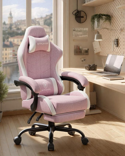 GTPLAYER Gaming Chair with Footrest, Computer Gaming Chair for Adults, Height Adjustable Gamer Chair with 90-155° Recline & Removable Headrest Lumbar Support,Linen Fabric Pink