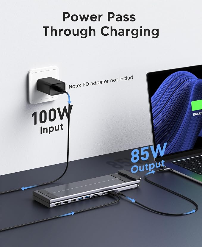 USB C Laptop Docking Station Stand 3 Monitors 4K@60Hz, 10 in 1 USB C Hub with Dual HDMI+DP, 2*USB 3.0, PD 100W, USB C 3.0, SD/TF, Dock Station for MacBook Pro/Air/Dell/HP/Surface/Lenovo