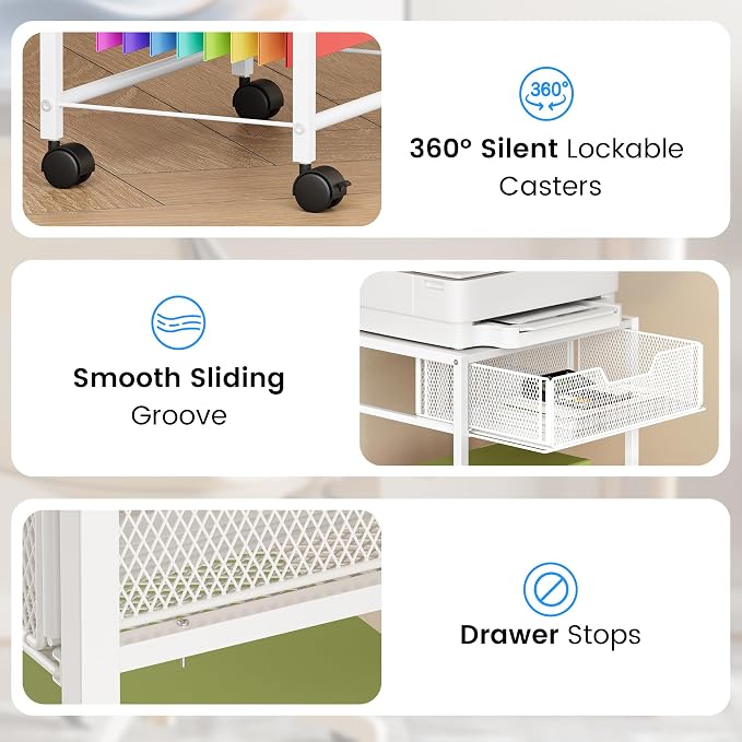 Cawukege 3 Tier Printer Stand, Mobile Table with Wheels, Printer Shelf Rolling Cart with Storage Desk Organizer Hanging File for Office Home, White