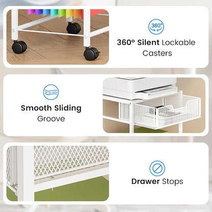 Cawukege 3 Tier Printer Stand, Mobile Table with Wheels, Printer Shelf Rolling Cart with Storage Desk Organizer Hanging File for Office Home, White