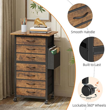 HIGDBFE 7 Fabric Drawers File Cabinet with Side Pocket, Rolling Printer Stand with Storage for Home Office, Wood Top Storage Cabinet for Documents and Crafts, Rustic Brown, 15" D