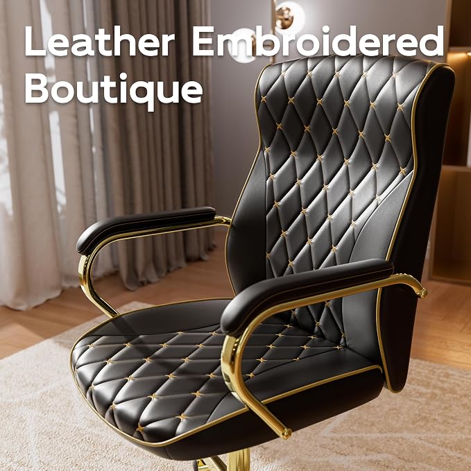 HomeZeer Black and Gold Office Chair, Luxury Leather Executive Desk Chair | Elegant Timeless Appeal, Vintage Mid Back Styling with Wheels and Padded Arms, Thick High Density Foam Comfort