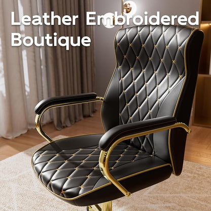 HomeZeer Black and Gold Office Chair, Luxury Leather Executive Desk Chair | Elegant Timeless Appeal, Vintage Mid Back Styling with Wheels and Padded Arms, Thick High Density Foam Comfort