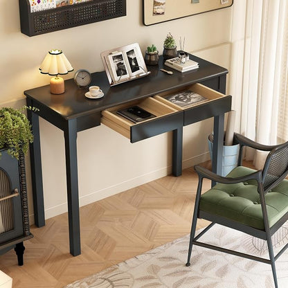 Solid Wood Desk with Drawers - 39 x 16 Inch Simple Narrow Desks, Rubber Wood Study Table, Small Writing Desk for Small Spaces|Bedroom - Modern Black Desks