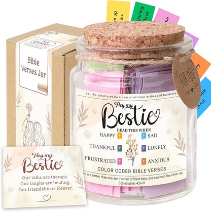Bestie Bible Verses Jar – Birthday Gifts for Friends, Graduation Gifts for Bestie, Color Coded Bible Verses, Faith Based Friendship Gift for Women