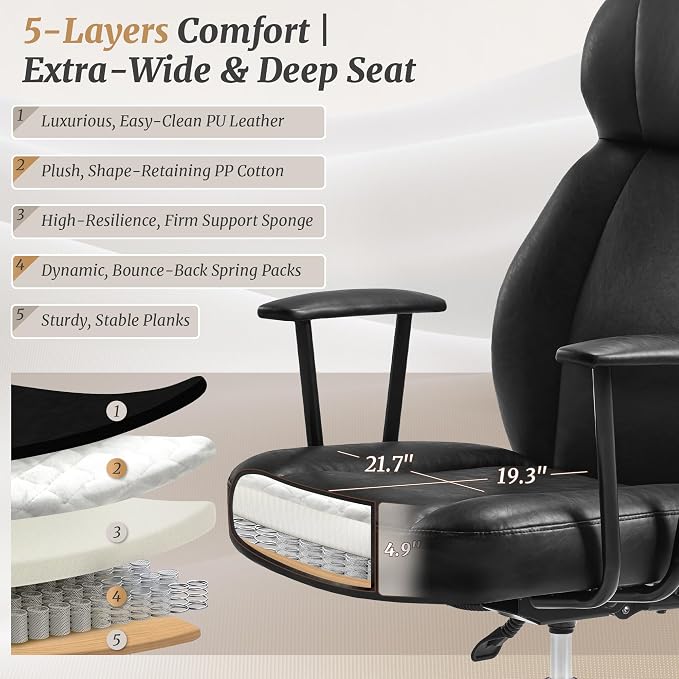 Cozyman Ergonomic PU Leather Home Office Chair, High Back Executive Desk Chair with 5-Layer Cushion, 95-135° Reclining Back, Lumbar Support, Adjustable Height, 360° Swivel for Home Office Task, Black