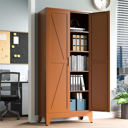 Baborokic 71H Tall Metal Storage Cabinet with 2 Doors and Adjustable Shelves,Farmhouse Storage Cabinet with Barn Doors,Pantry Storage for Home,Office,Dining Room,Kitchen(Rustic Brown)