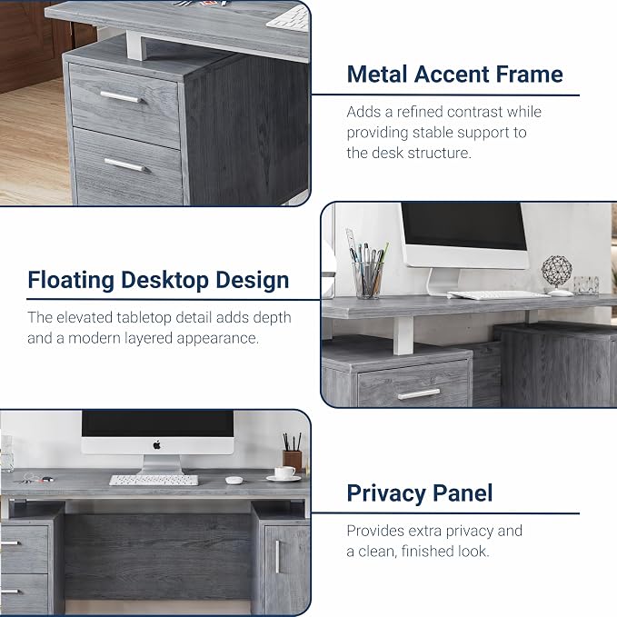 Techni Mobili Modern Office Desk with Storage, Gray