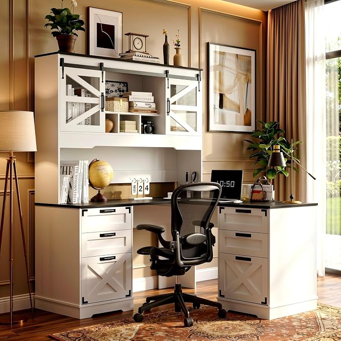 VOWNER Farmhouse L Shaped Executive Desk with Hutch and 6 Drawer, 57" Home Office Desk with Power Outlet and 2 File Drawers, Corner Computer Desk with Storage Shelves and Sliding Door for Home Office
