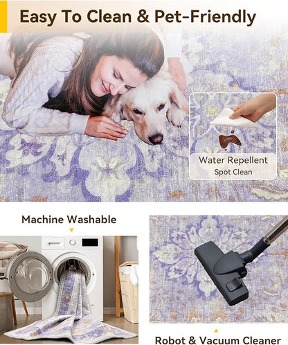 RELEANY Area Rugs 7'x10' Washable Non-Slip, Floral Vintage Distress Medallion Carpet for Living Room Bedroom Dining Room, Light Purple Brown