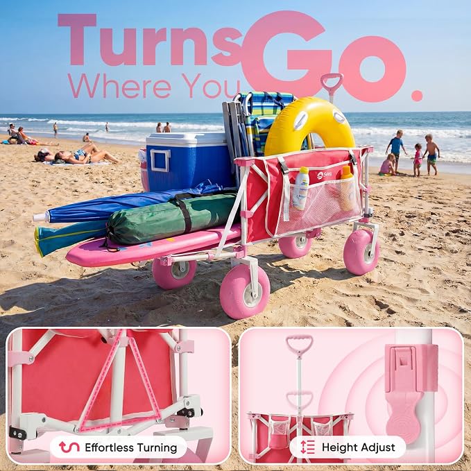 Sekey Heavy Duty Beach Wagon with 9" Big Sand-Proof Wheels, 300L Oversized Foldable Beach Cart with Cooler| Adjustable Handle & Balloon Tires for Sand, Camping,Vacation