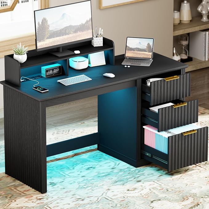 Lareth Computer Desk with Monitor Stand, 47 inch Home Office Desk with RGB LED Lights and Power Outlets, Writing Desk with Storage File Drawer for Working Gaming Writing, Black