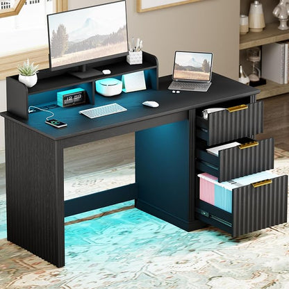 Lareth Computer Desk with Monitor Stand, 47 inch Home Office Desk with RGB LED Lights and Power Outlets, Writing Desk with Storage File Drawer for Working Gaming Writing, Black