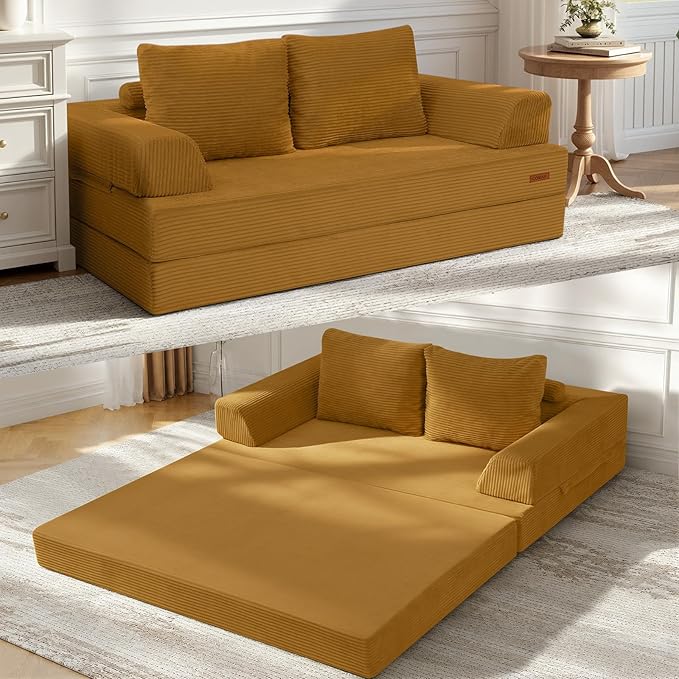 COMAX Futon Sofa Bed, Convertible Folding Sofa Bed, Boneless Couch Loveseat Corduroy with Pillows, Small Foldable Floor Couch Comfy Lounge Sleeper for Living Room Bedroom, Orange