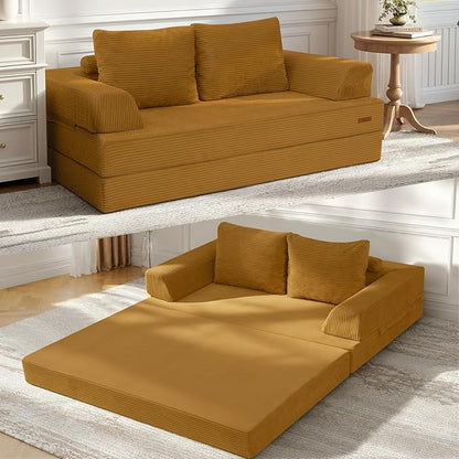 COMAX Futon Sofa Bed, Convertible Folding Sofa Bed, Boneless Couch Loveseat Corduroy with Pillows, Small Foldable Floor Couch Comfy Lounge Sleeper for Living Room Bedroom, Orange